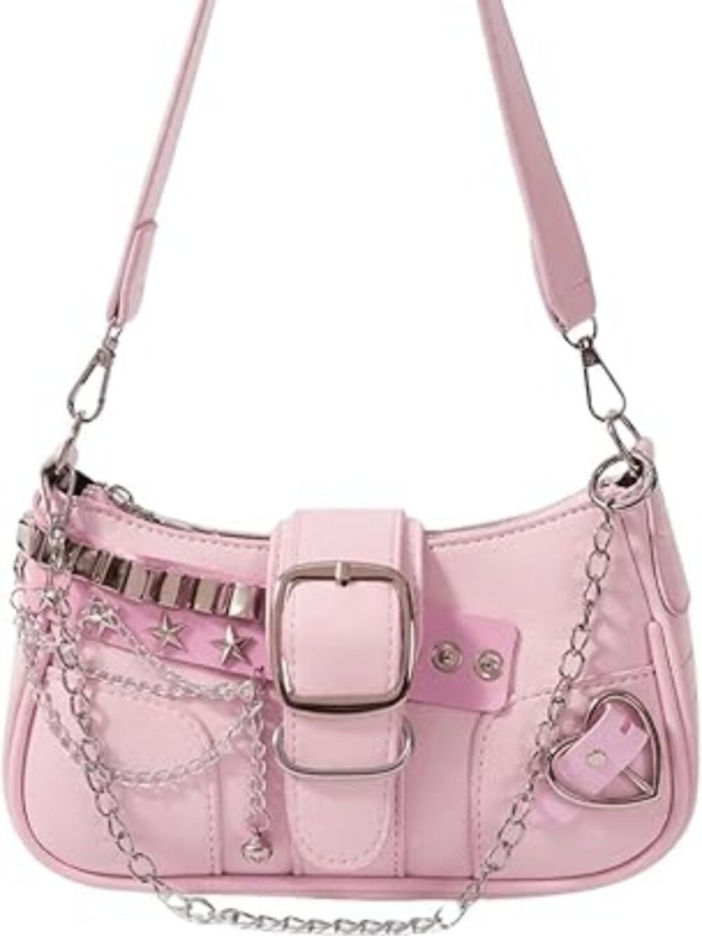 Y2k Stars Chains Shoulder‎ Bag Mini Hobo Handbag Shoulder Purse Pink with Silver